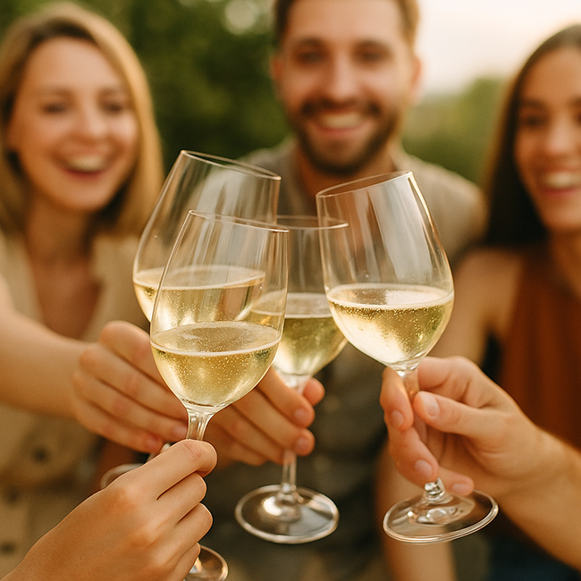 Persone che brindano con calici di vino bianco all’aperto, in un’atmosfera luminosa e conviviale