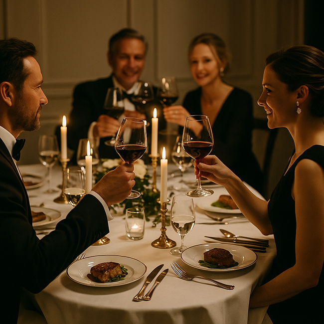 Tavola elegante con mise en place curata e calici di vino in un contesto raffinato