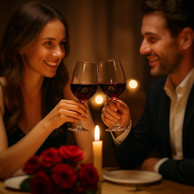 Tavola elegante con calici di vino rosso, rose rosse e luce soffusa di candele per una cena romantica