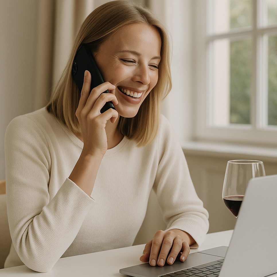 Donna sorridente al telefono davanti a un laptop, con un calice di vino rosso sul tavolo e luce naturale da una finestra sullo sfondo.