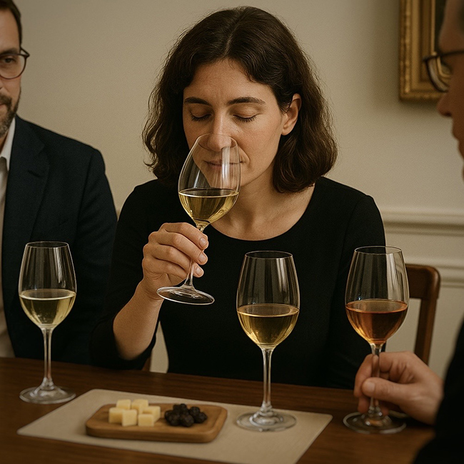 Persone eleganti durante una degustazione di vini, con tre calici di vino bianco e ambrato su tavolo in legno, accompagnati da formaggi e uvetta; una donna 