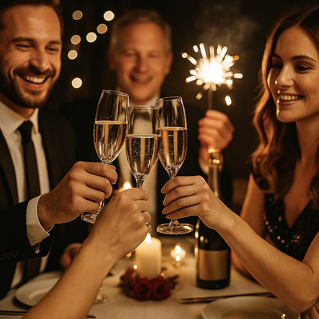 Persone che brindano con calici di bollicine in un contesto elegante e celebrativo