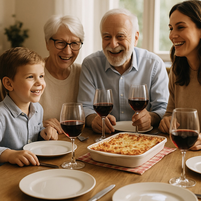 Famiglia riunita intorno a una tavola apparecchiata con lasagna, calici e luce naturale per il pranzo della domenica