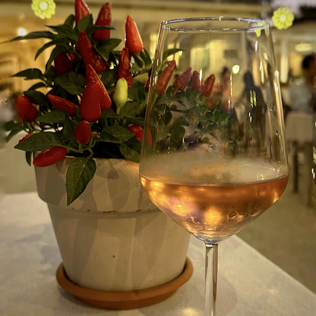 Calice di vino rosato servito su tavolo all’aperto con pianta di peperoncino