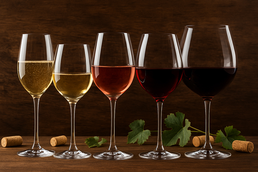 Cinque bicchieri da vino su fondo neutro, ciascuno con una tipologia diversa: calice ampio per bollicine, calice medio per vino bianco, calice slanciato per rosso giovane, ballon per rosso strutturato e piccolo calice per vino dolce