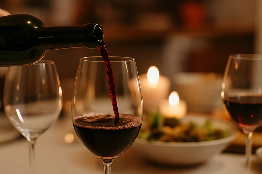 Dettaglio di un calice di vino servito a tavola, in un ambiente domestico raffinato