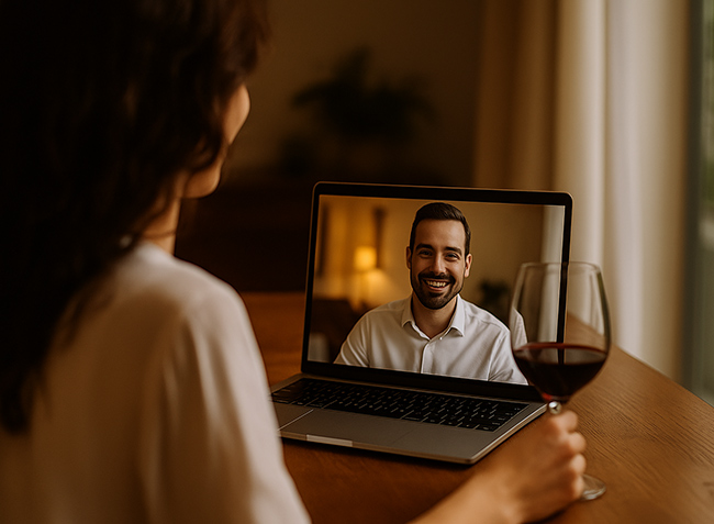 Donna vista di spalle durante una videocall con un consulente sorridente, mentre tiene in mano un calice di vino rosso