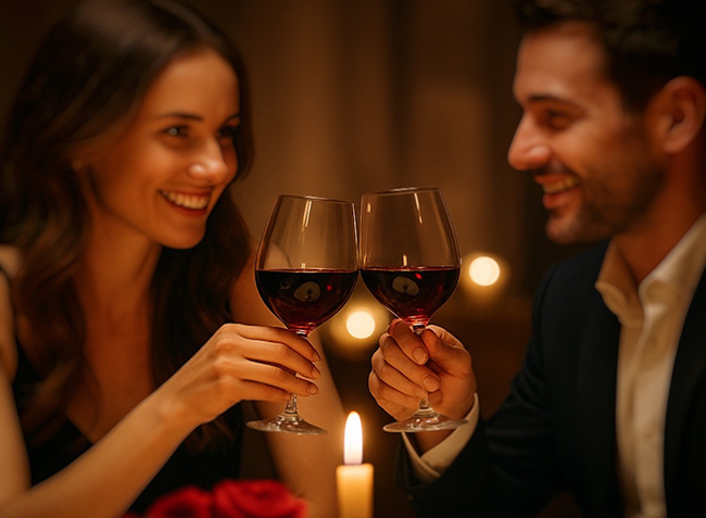 Tavola elegante con calici di vino rosso, rose rosse e luce soffusa di candele per una cena romantica