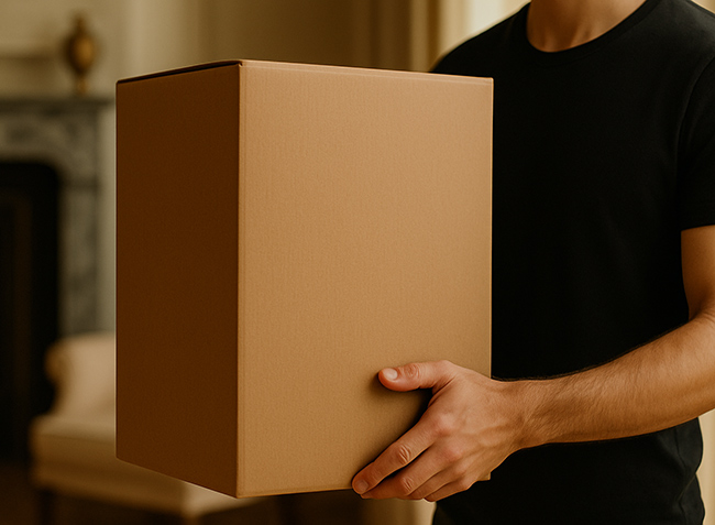 Consegna a domicilio di un pacco elegante in un ambiente raffinato, con focus sulle mani del corriere