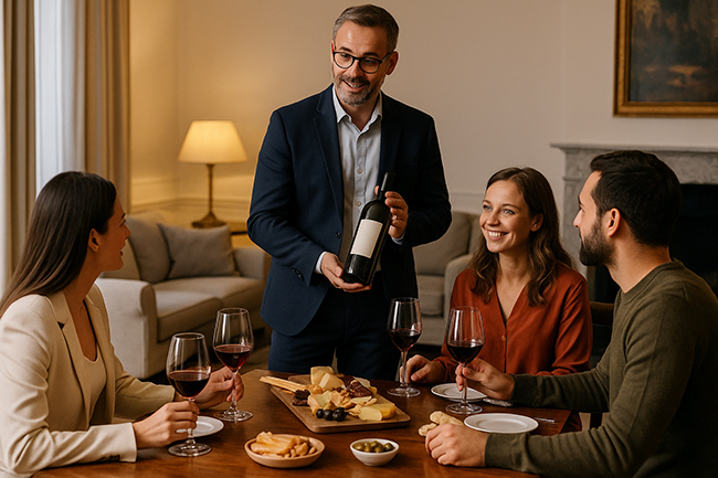 Degustazione guidata in un salotto elegante, con sommelier che presenta una bottiglia di vino a un piccolo gruppo attorno a un tavolo apparecchiato
