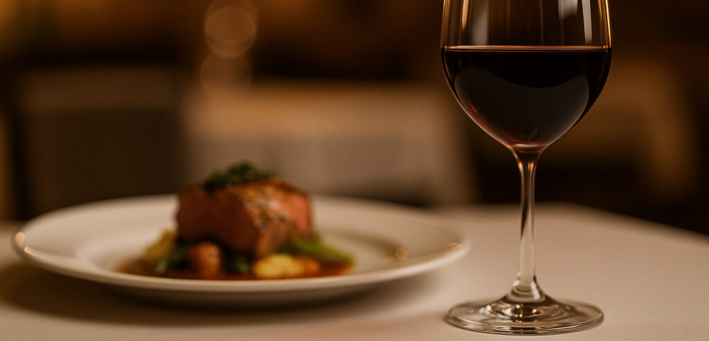Piatto gourmet di carne con verdure e calice di vino rosso su tavola elegante in ristorante raffinato