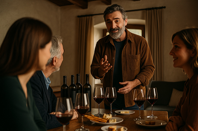 Degustazione privata di vino in casa con produttore, intorno a un tavolo elegante apparecchiato, atmosfera intima e luci soffuse.